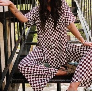 Dressed in LALA Checkerboard Jumpsuit Romper in Burgundy and Cream